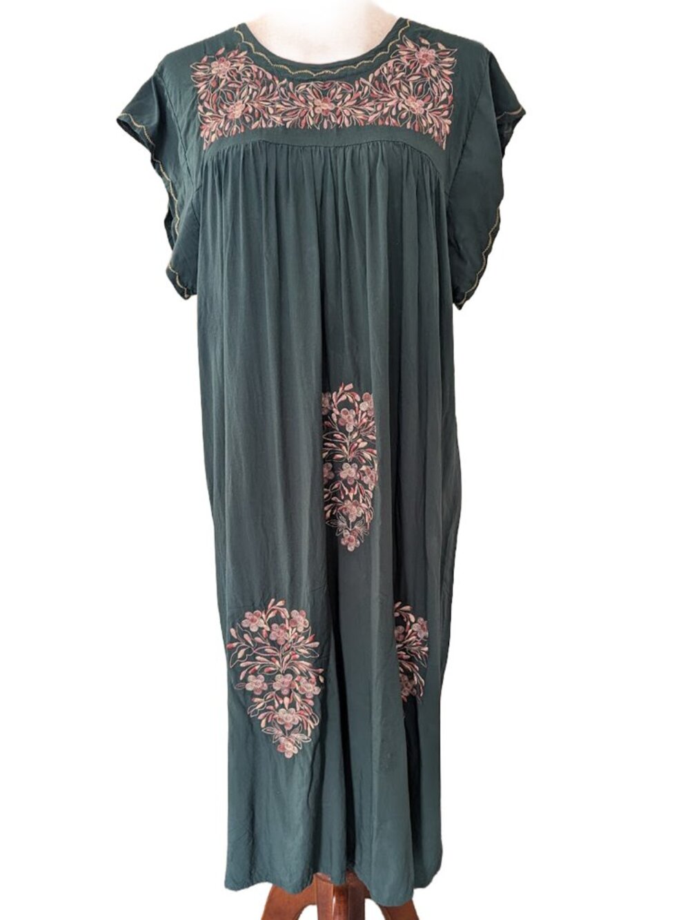 NWOT Ecuadorian Green Mumu with Pink Embroidery